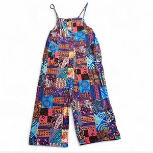 Colorful boho hippie bright eclectic patchwork print overalls